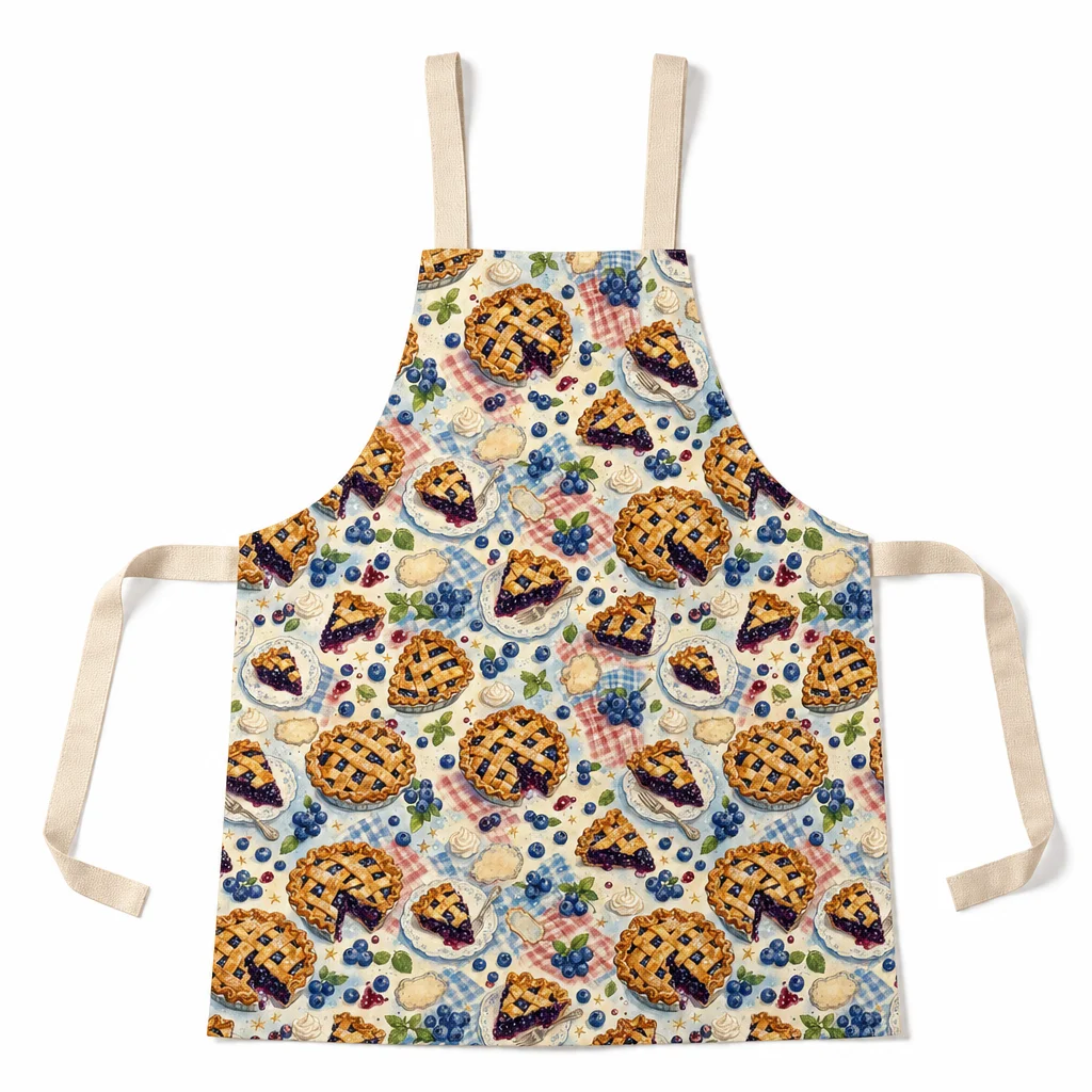Blueberry Pie Picnic Gingham All-Over Print Apron - flat lay
