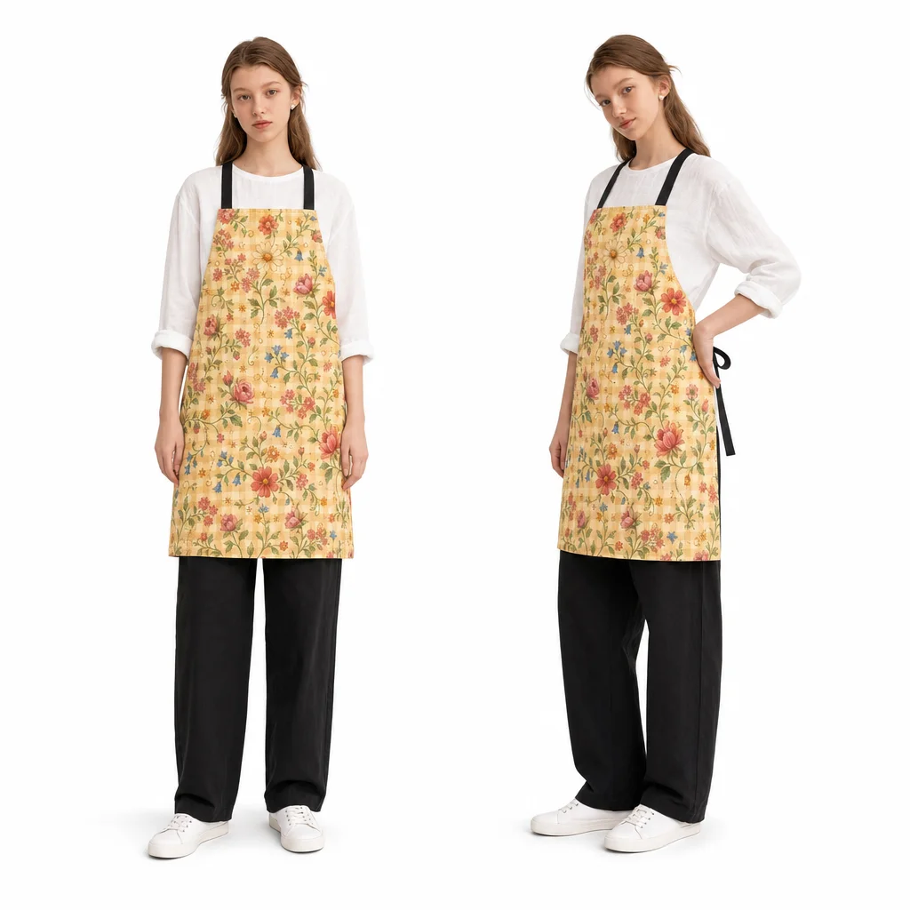 Retro Cream Gingham Floral All-Over Print Apron - worn by model