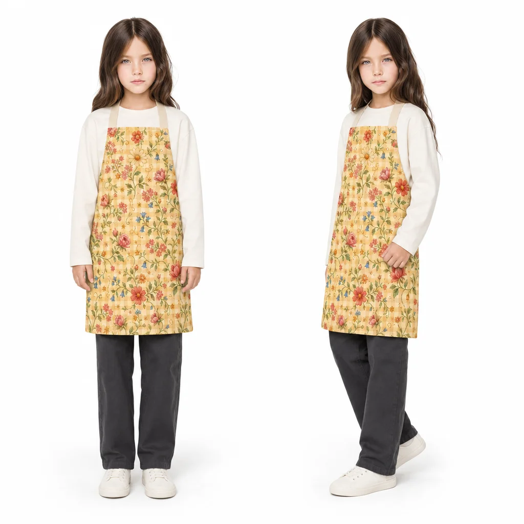 Retro Cream Gingham Floral All-Over Print Apron - worn by model