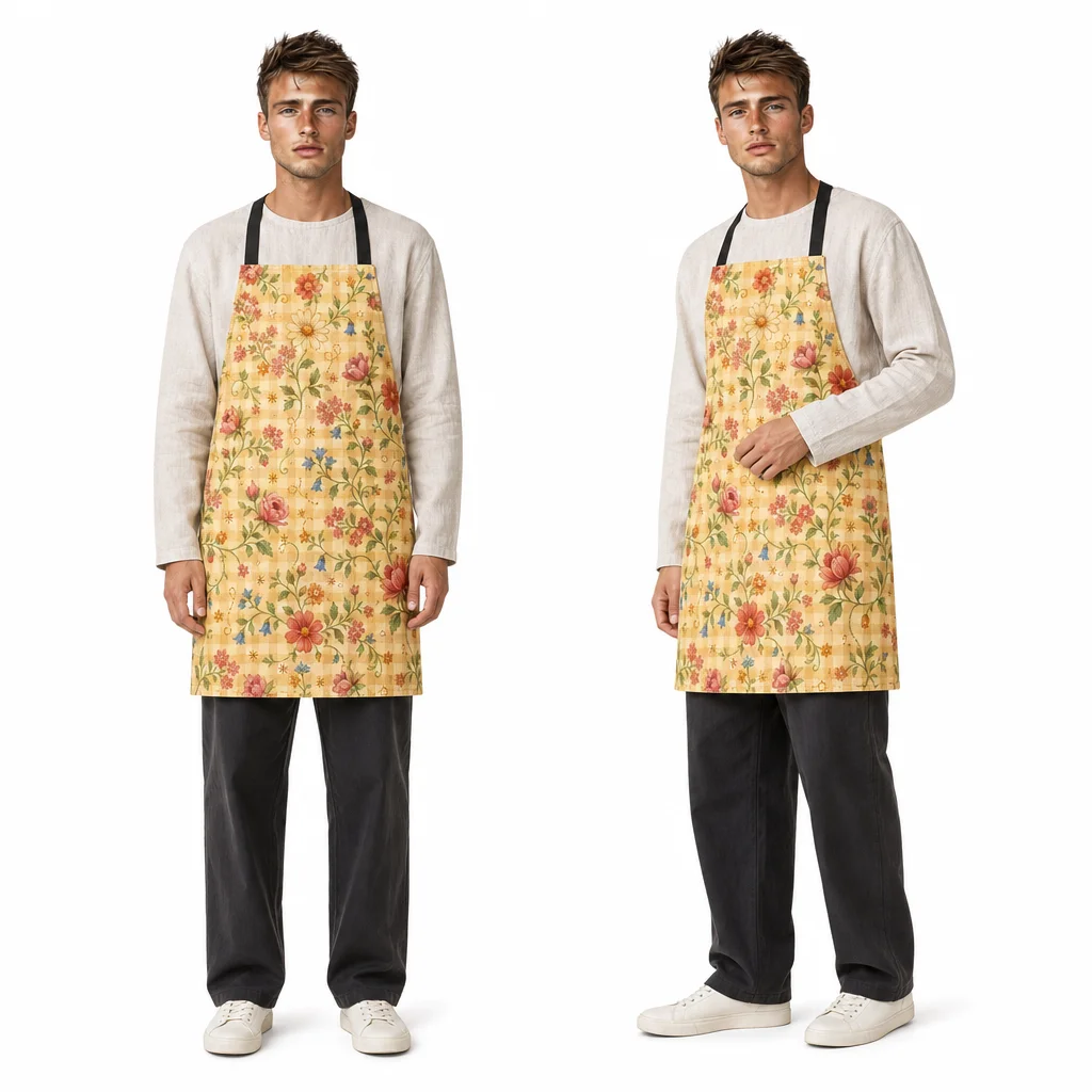 Retro Cream Gingham Floral All-Over Print Apron - worn by model