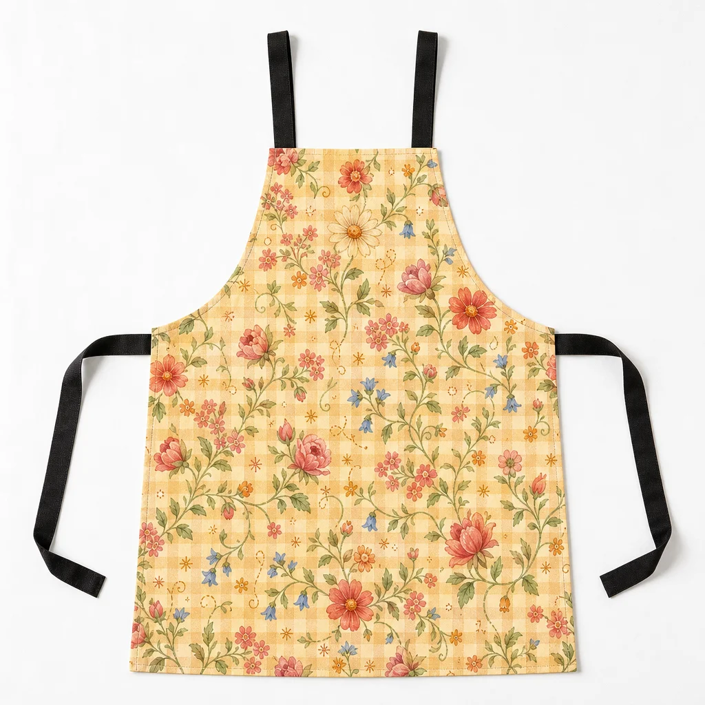 Retro Cream Gingham Floral All-Over Print Apron - flat lay