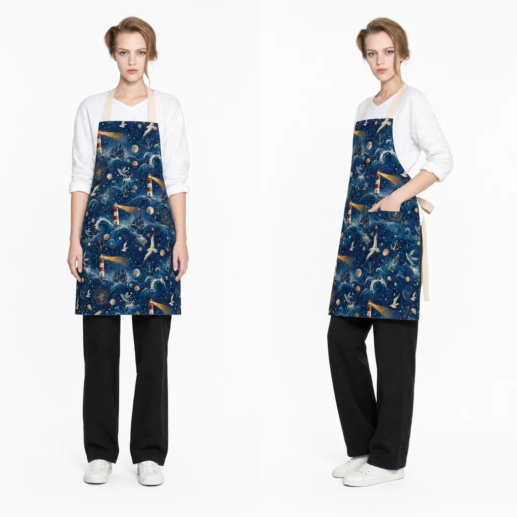 Deep Blue Lighthouse All-Over Print Apron - worn by model
