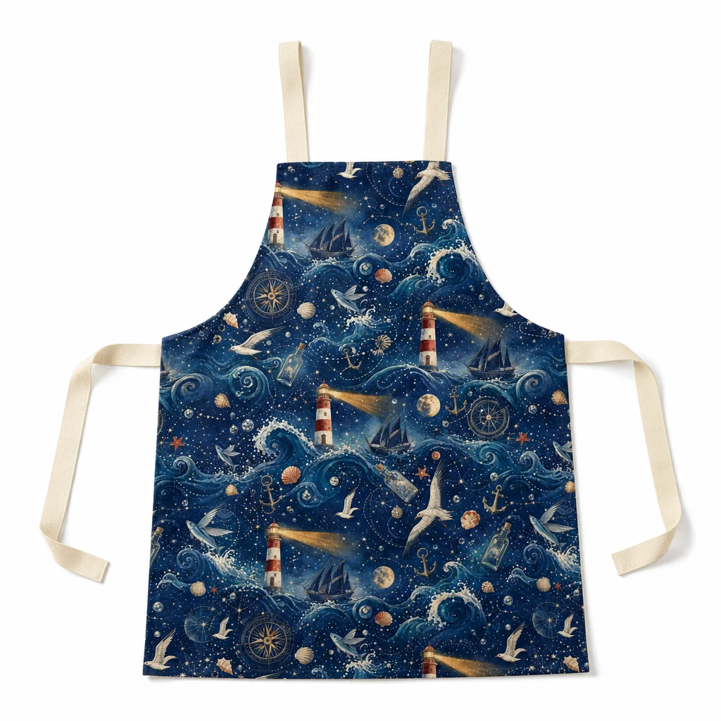 Deep Blue Lighthouse All-Over Print Apron - flat lay