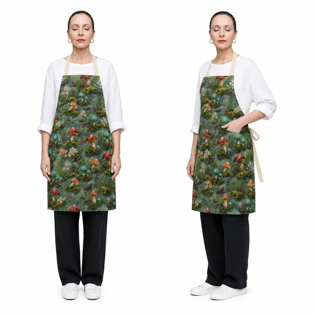 Rain-Kissed Mushroom Forest All-Over Print Apron - worn by model