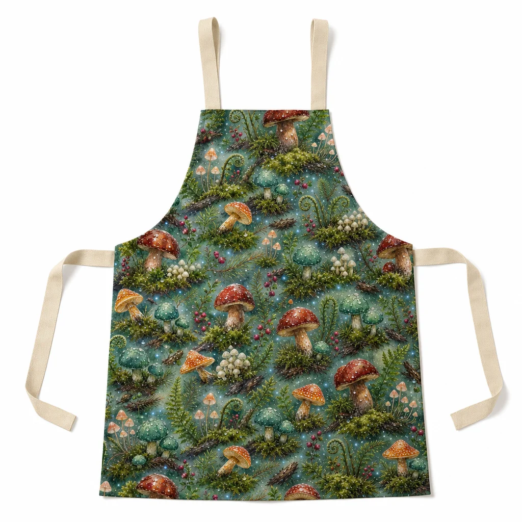 Rain-Kissed Mushroom Forest All-Over Print Apron - flat lay
