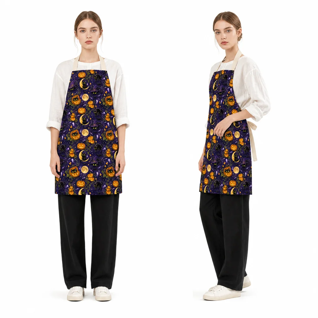 Halloween Moonlit Black Cat All-Over Print Apron - worn by model