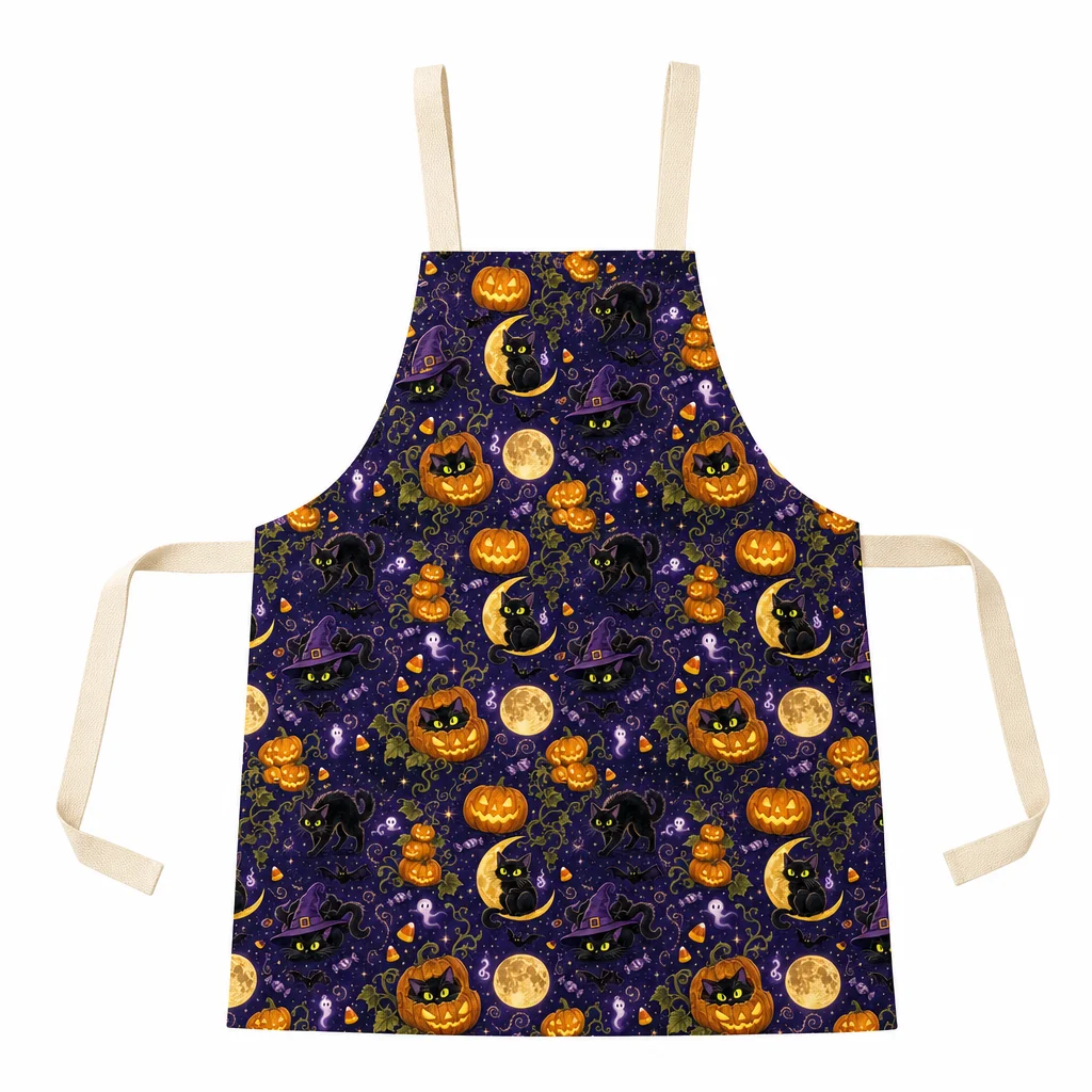 Halloween Moonlit Black Cat All-Over Print Apron - flat lay
