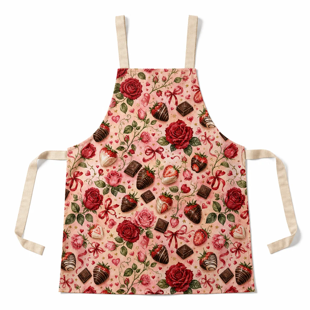 Sweet Rose Chocolate Valentine All-Over Print Apron - flat lay