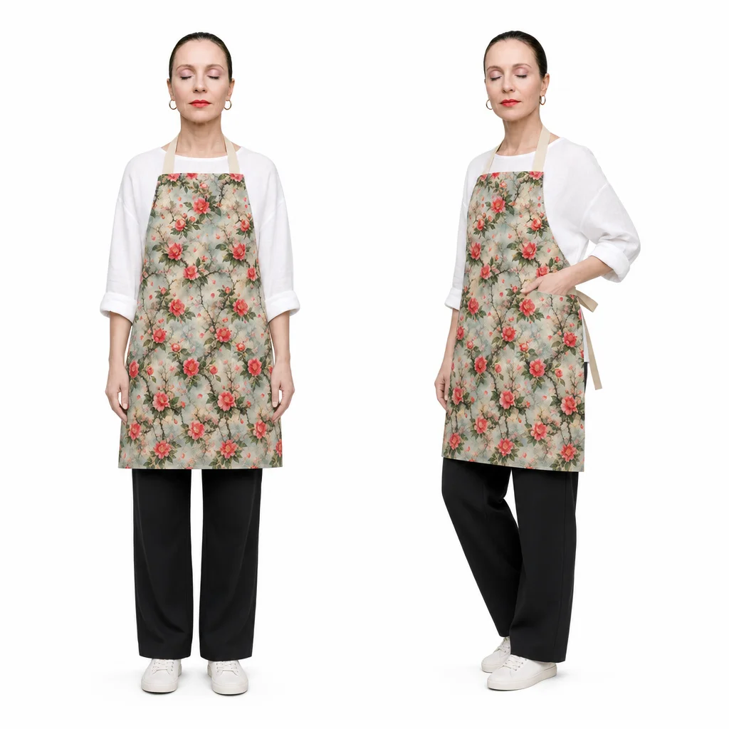 Eastern Camellia All-Over Print Apron - worn by model