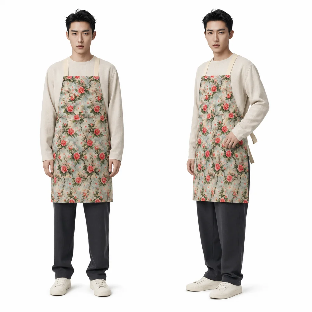 Eastern Camellia All-Over Print Apron - worn by model
