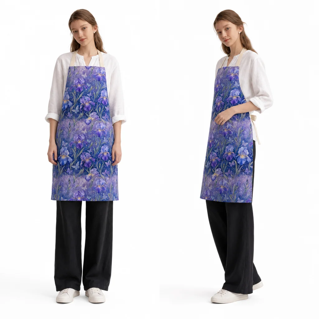 Iris Garden Purple Blue All-Over Print Apron - worn by model