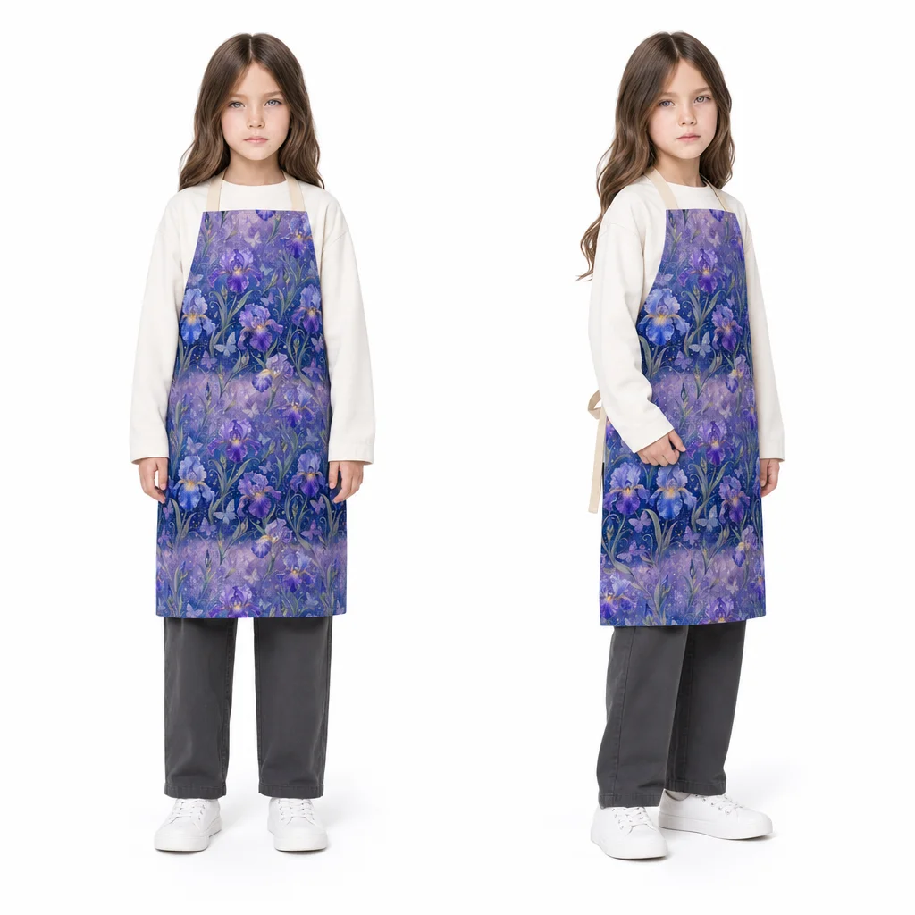 Iris Garden Purple Blue All-Over Print Apron - worn by model