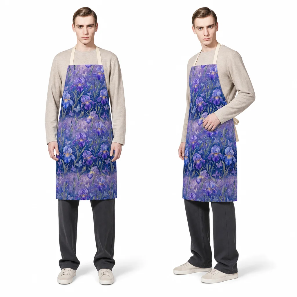 Iris Garden Purple Blue All-Over Print Apron - worn by model