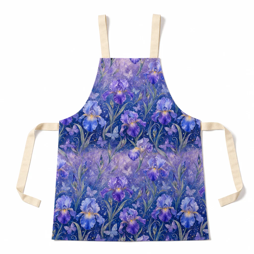 Iris Garden Purple Blue All-Over Print Apron - flat lay