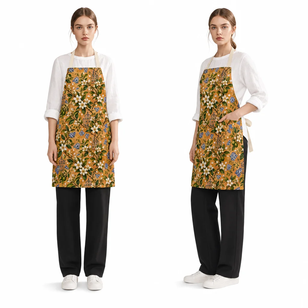 Orange Blossom Courtyard All-Over Print Apron - worn by model