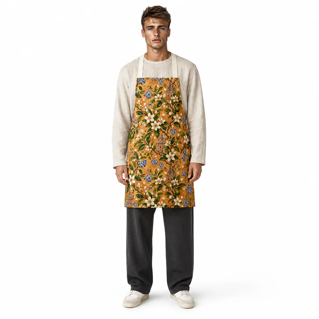 Orange Blossom Courtyard All-Over Print Apron - worn by model