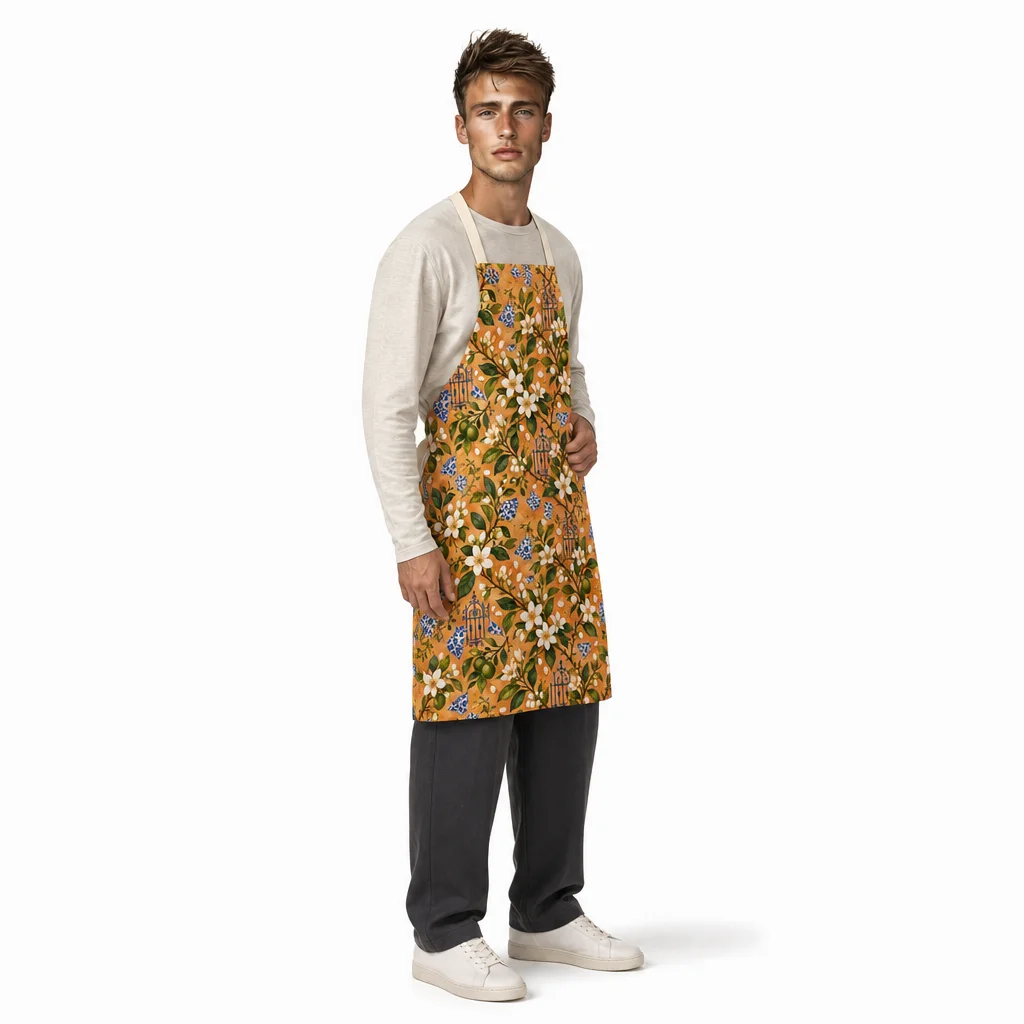 Orange Blossom Courtyard All-Over Print Apron - worn by model
