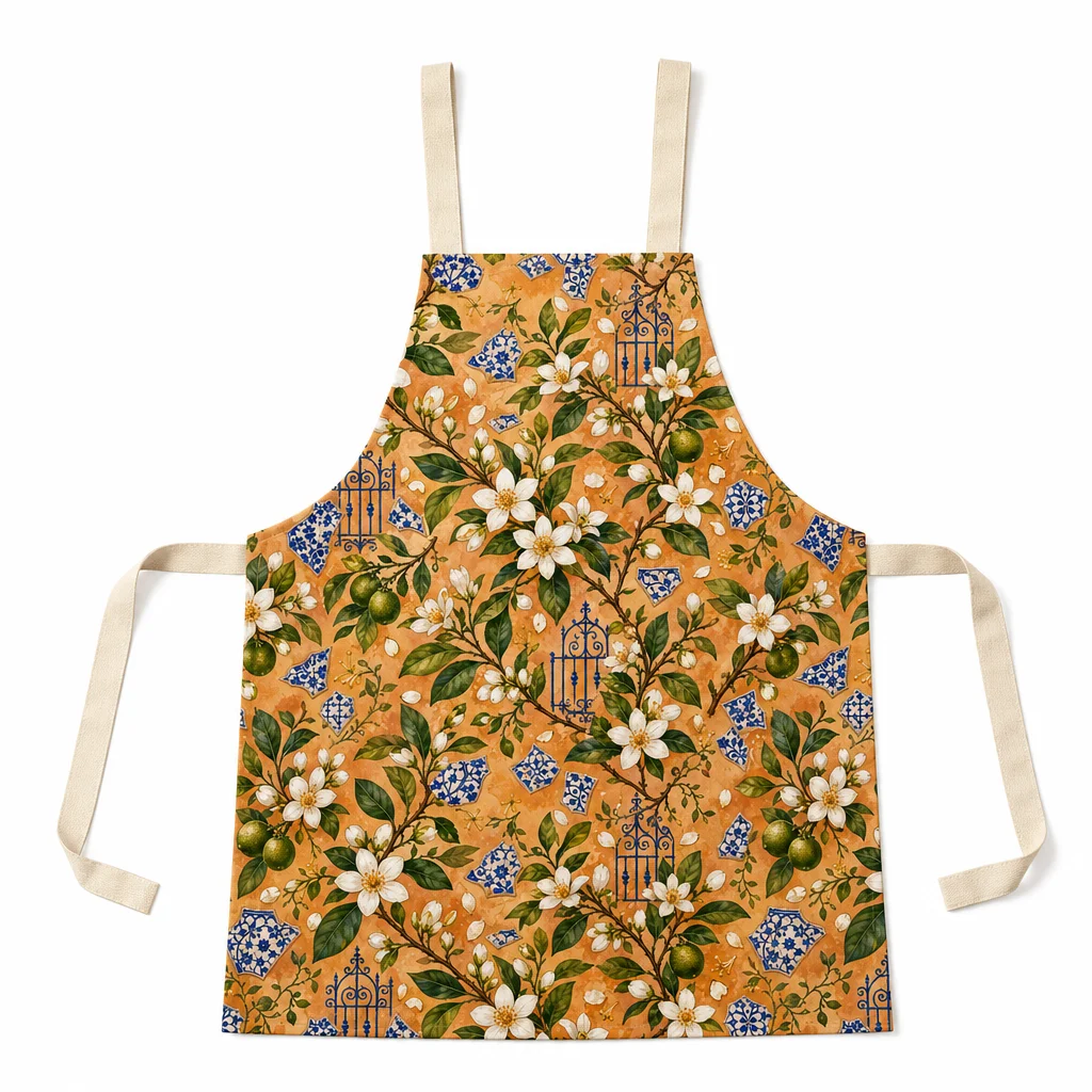 Orange Blossom Courtyard All-Over Print Apron - flat lay