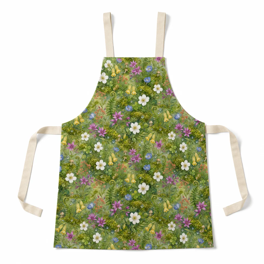Mossy Forest Wildflowers All-Over Print Apron - flat lay