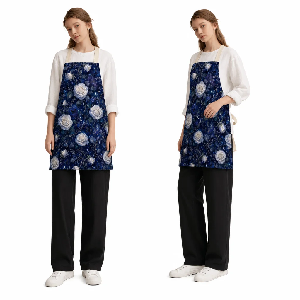 Moonlit White Rose All-Over Print Apron - worn by model