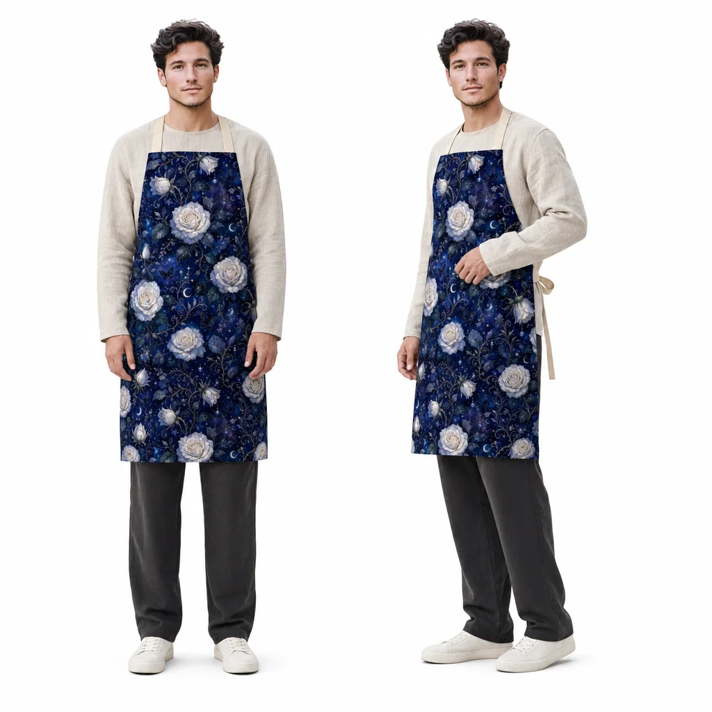 Moonlit White Rose All-Over Print Apron - worn by model