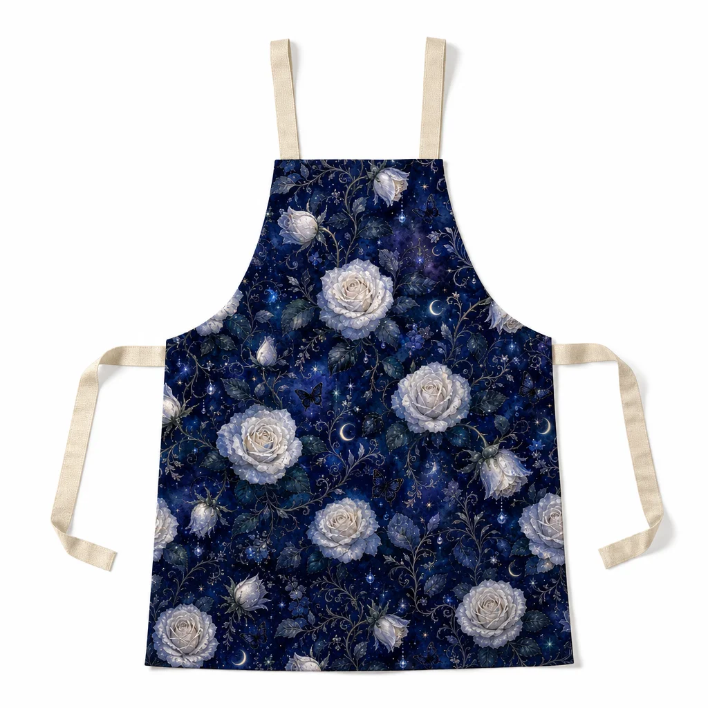 Moonlit White Rose All-Over Print Apron - flat lay