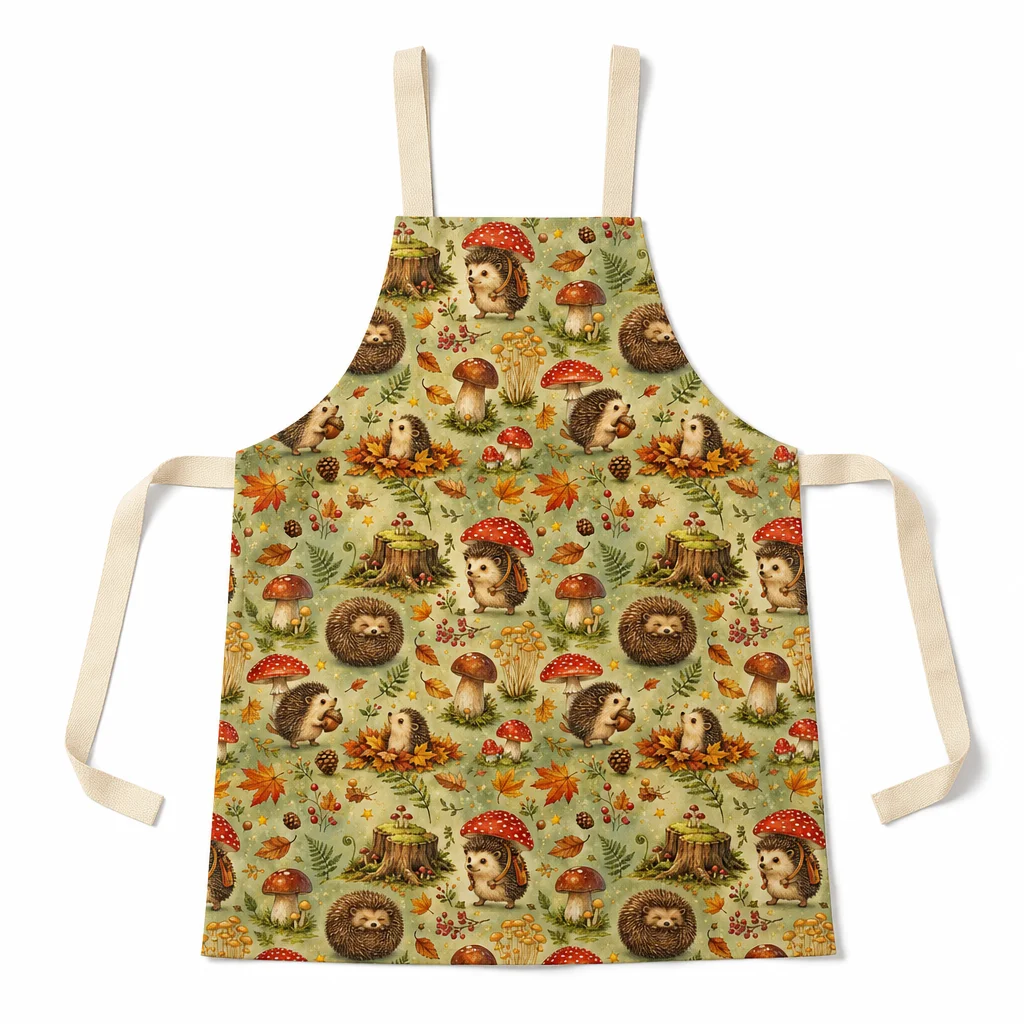 Hedgehog Mushroom Forest All-Over Print Apron - flat lay