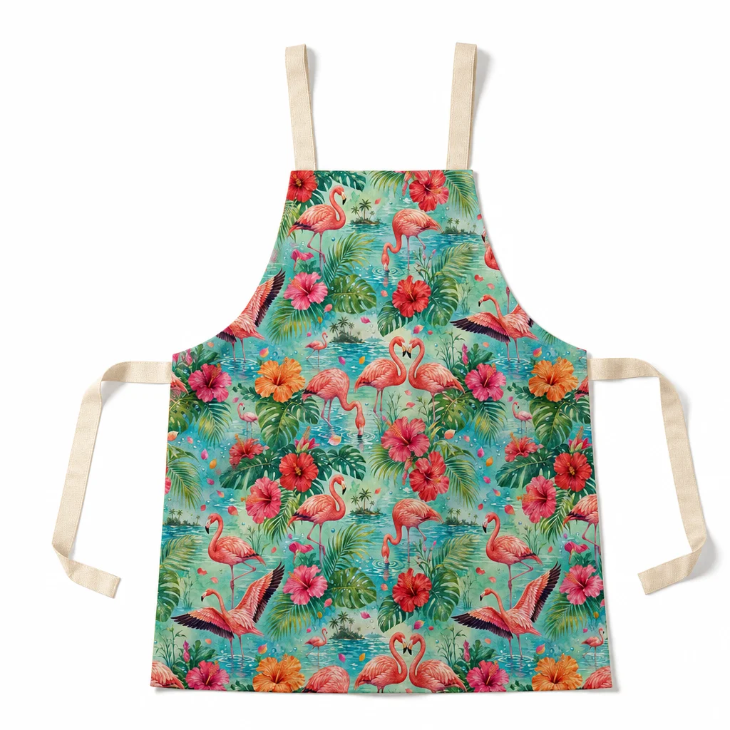 Flamingo Hibiscus Lake All-Over Print Apron - flat lay