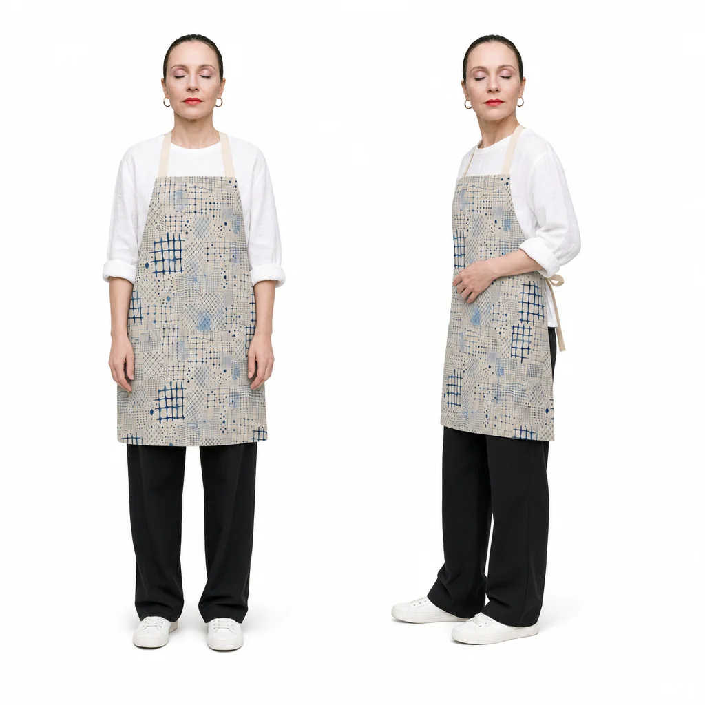 Indigo Woven Grid All-Over Print Apron - worn by model