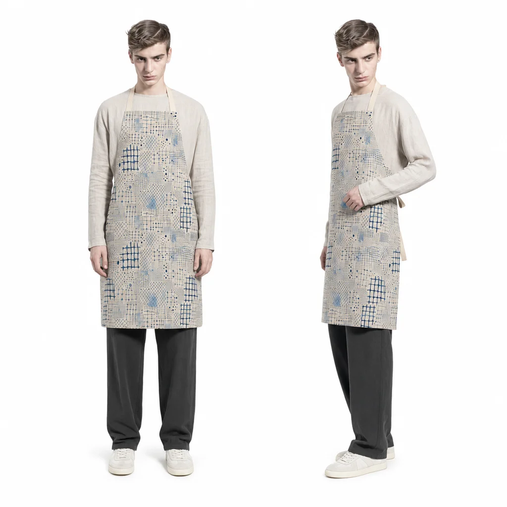 Indigo Woven Grid All-Over Print Apron - worn by model