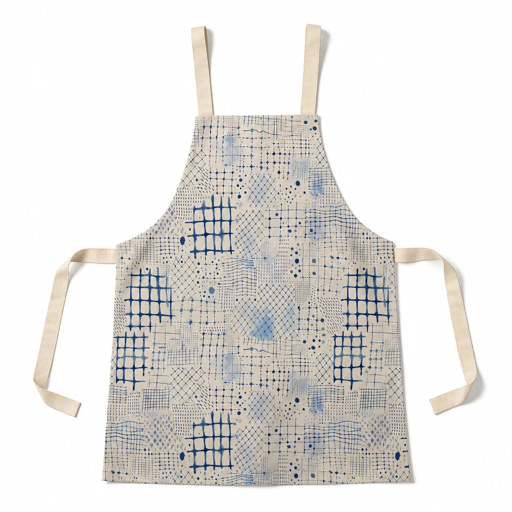 Indigo Woven Grid All-Over Print Apron - flat lay