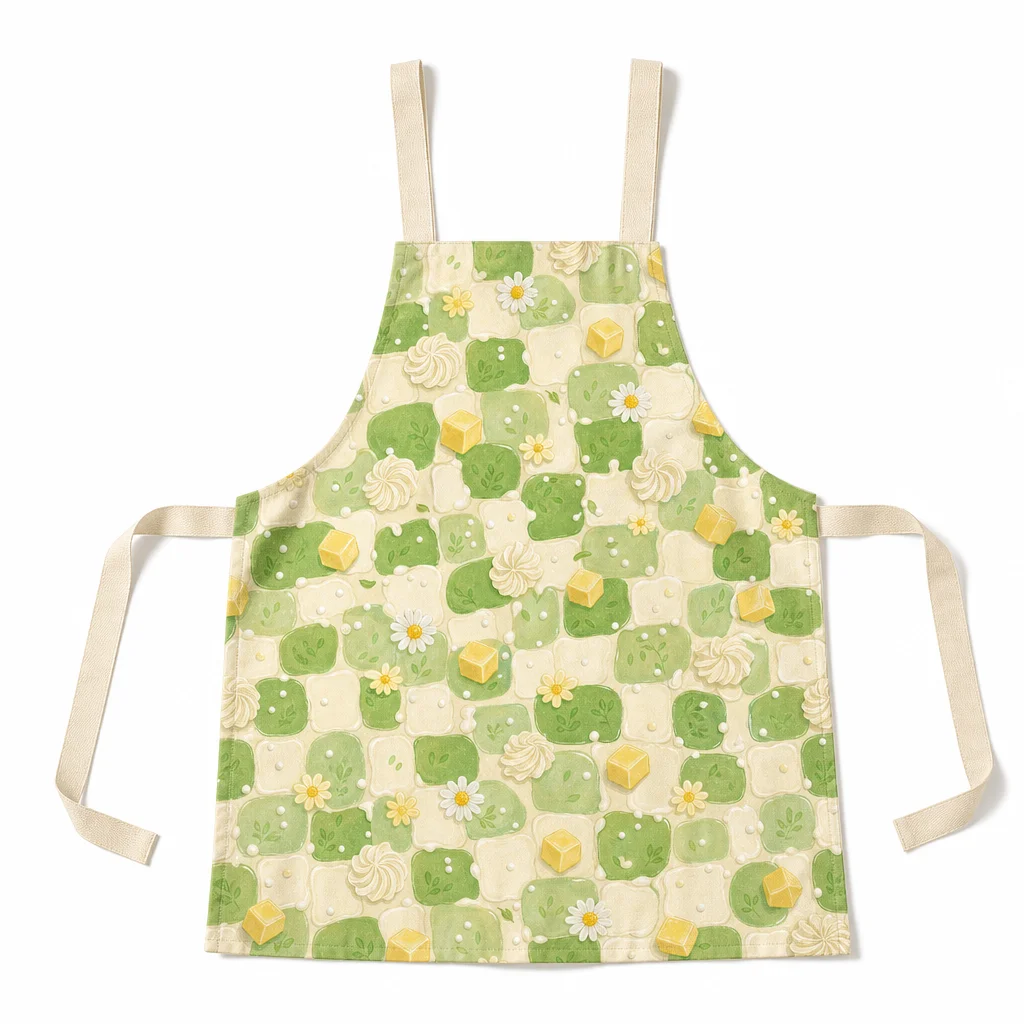 Cream Meadow Checkerboard All-Over Print Apron - flat lay