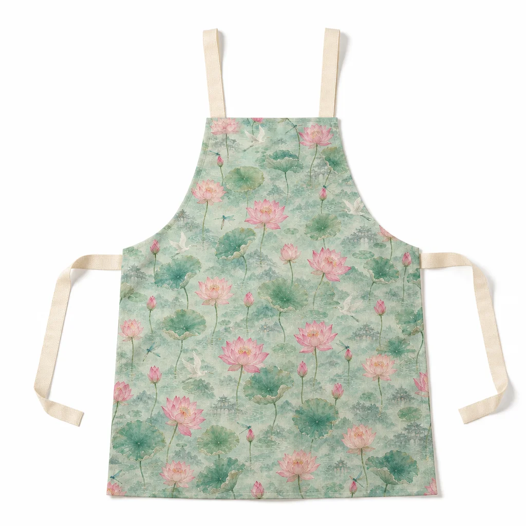 Misty Jiangnan Lotus Pond All-Over Print Apron - flat lay
