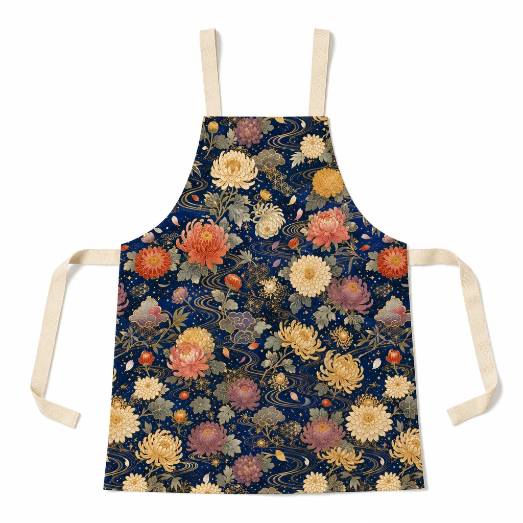 Japanese Night Chrysanthemum All-Over Print Apron - flat lay