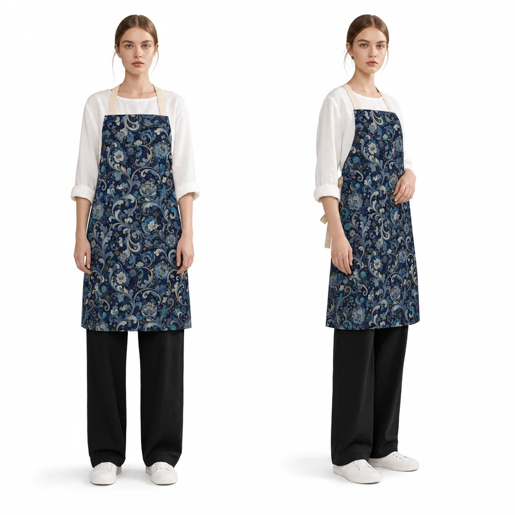 Indigo Karakusa Brocade All-Over Print Apron - worn by model