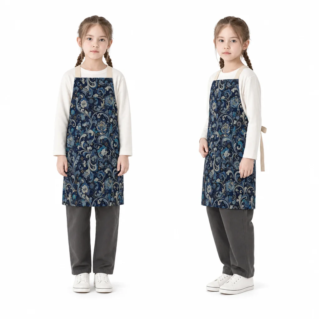 Indigo Karakusa Brocade All-Over Print Apron - worn by model