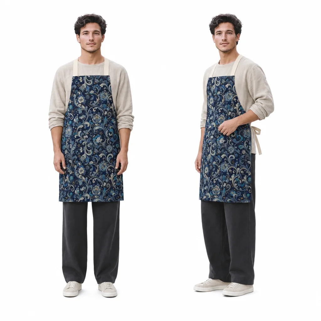 Indigo Karakusa Brocade All-Over Print Apron - worn by model