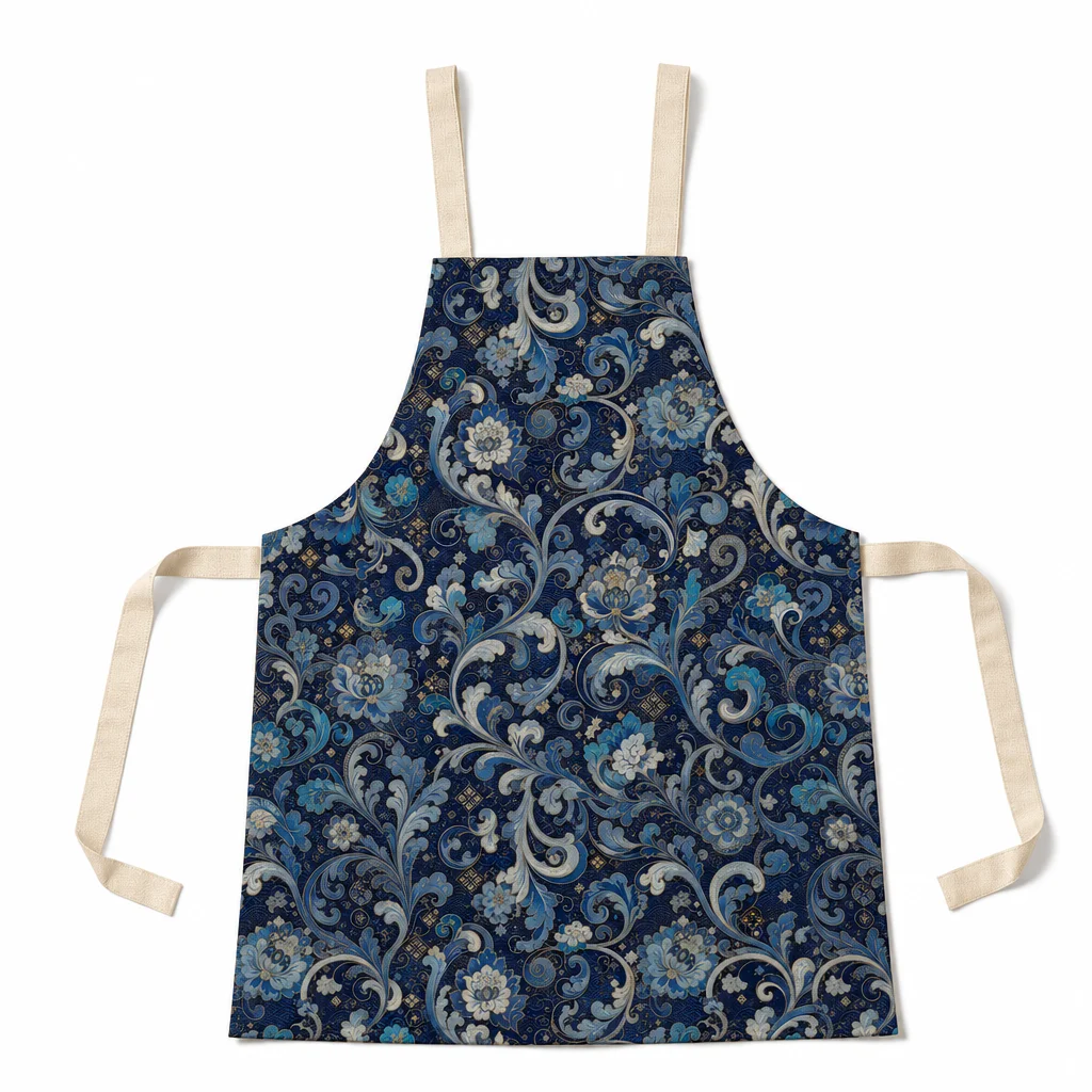 Indigo Karakusa Brocade All-Over Print Apron - flat lay