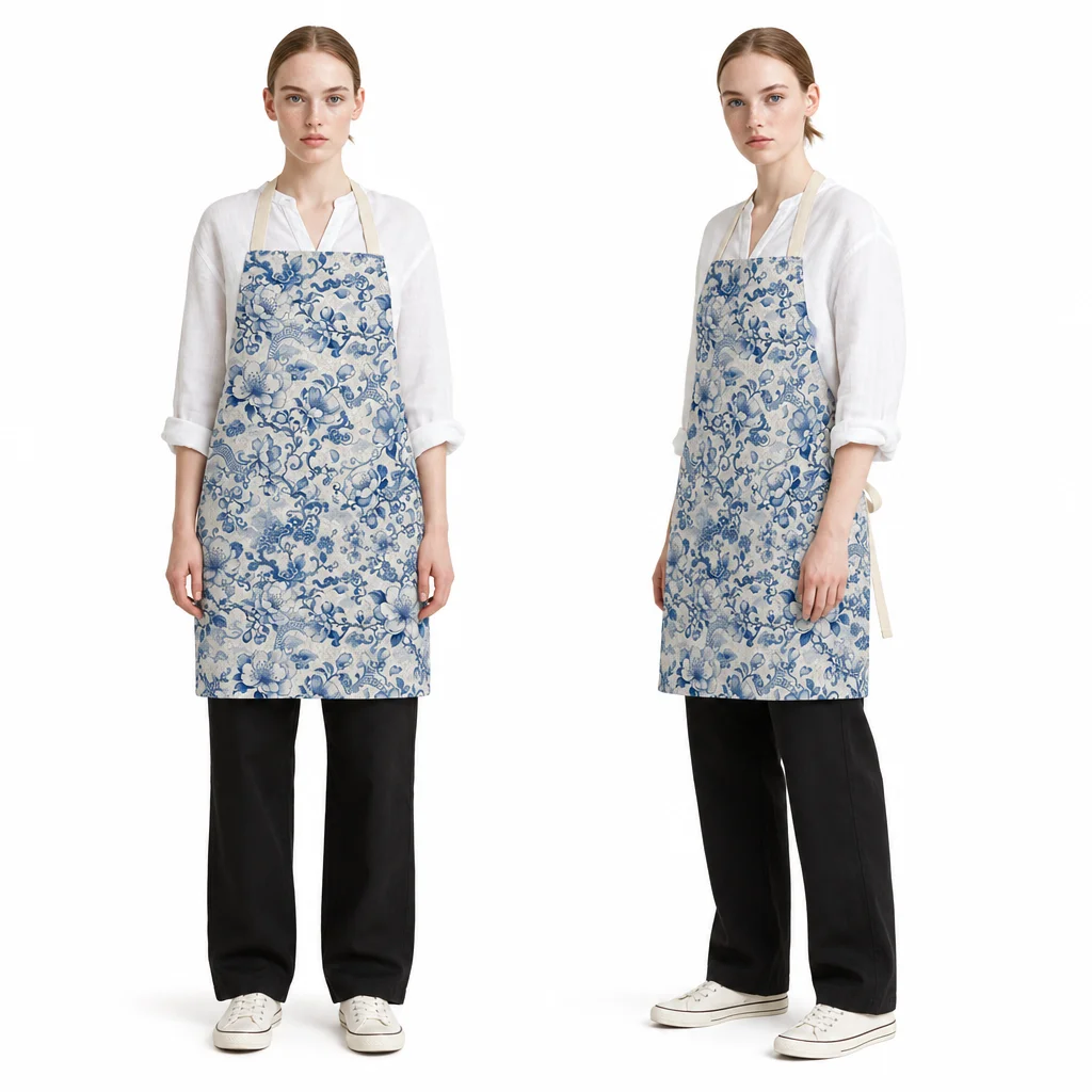 Blue Begonia Porcelain All-Over Print Apron - worn by model