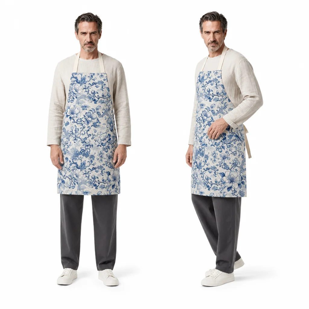 Blue Begonia Porcelain All-Over Print Apron - worn by model