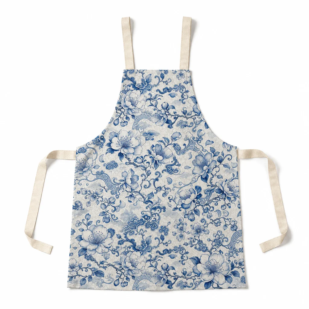 Blue Begonia Porcelain All-Over Print Apron - flat lay