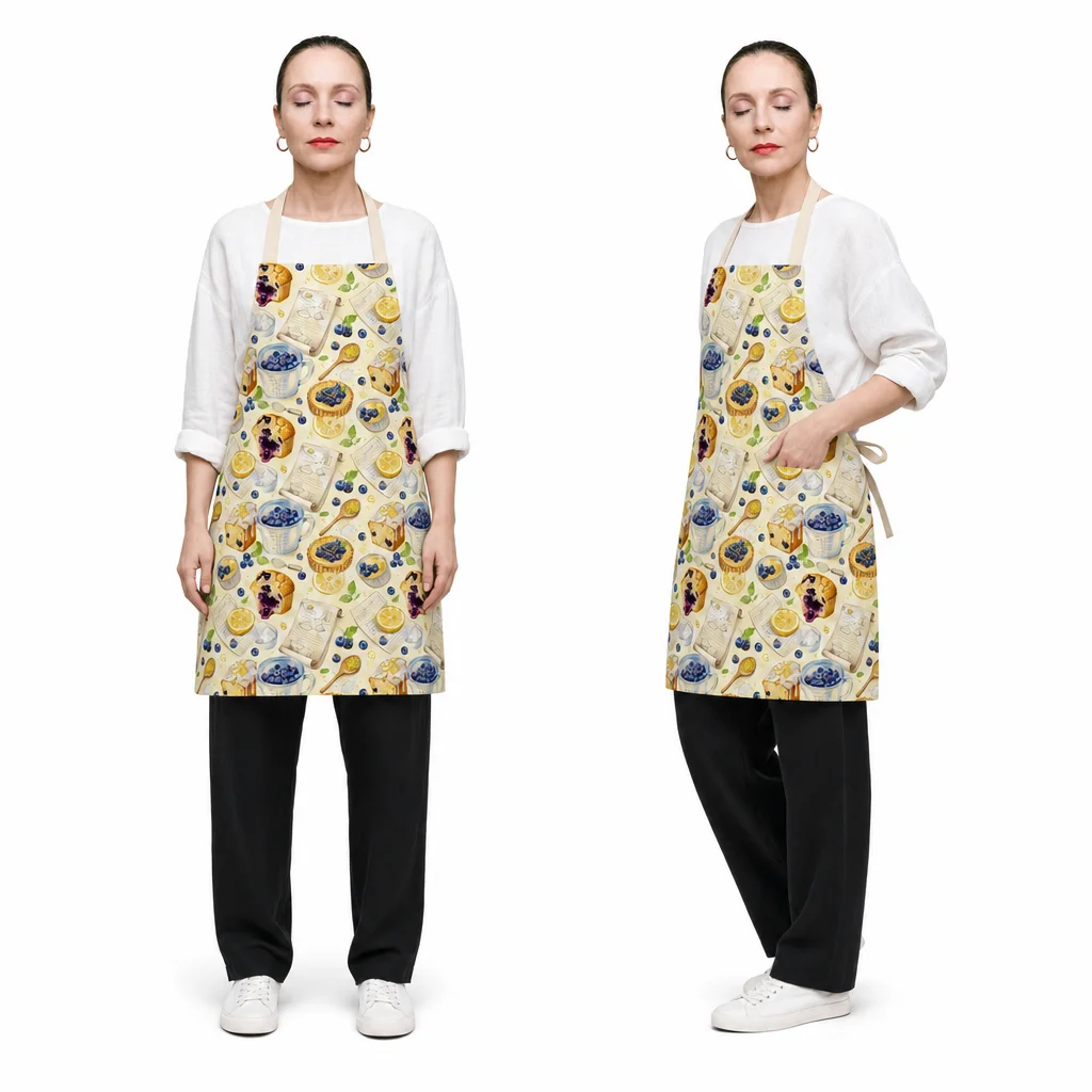 Blueberry Lemon Baking Notes All-Over Print Apron - worn by model