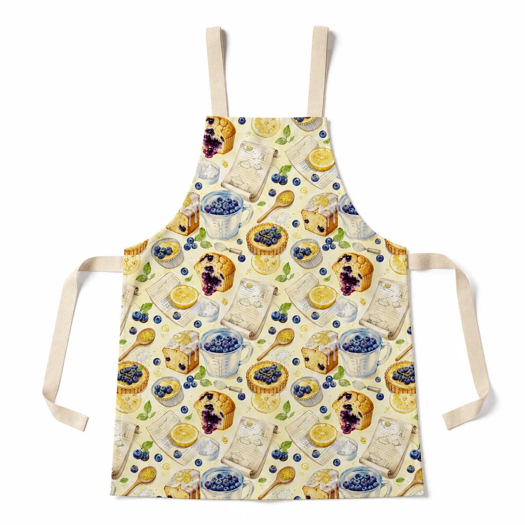 Blueberry Lemon Baking Notes All-Over Print Apron - flat lay