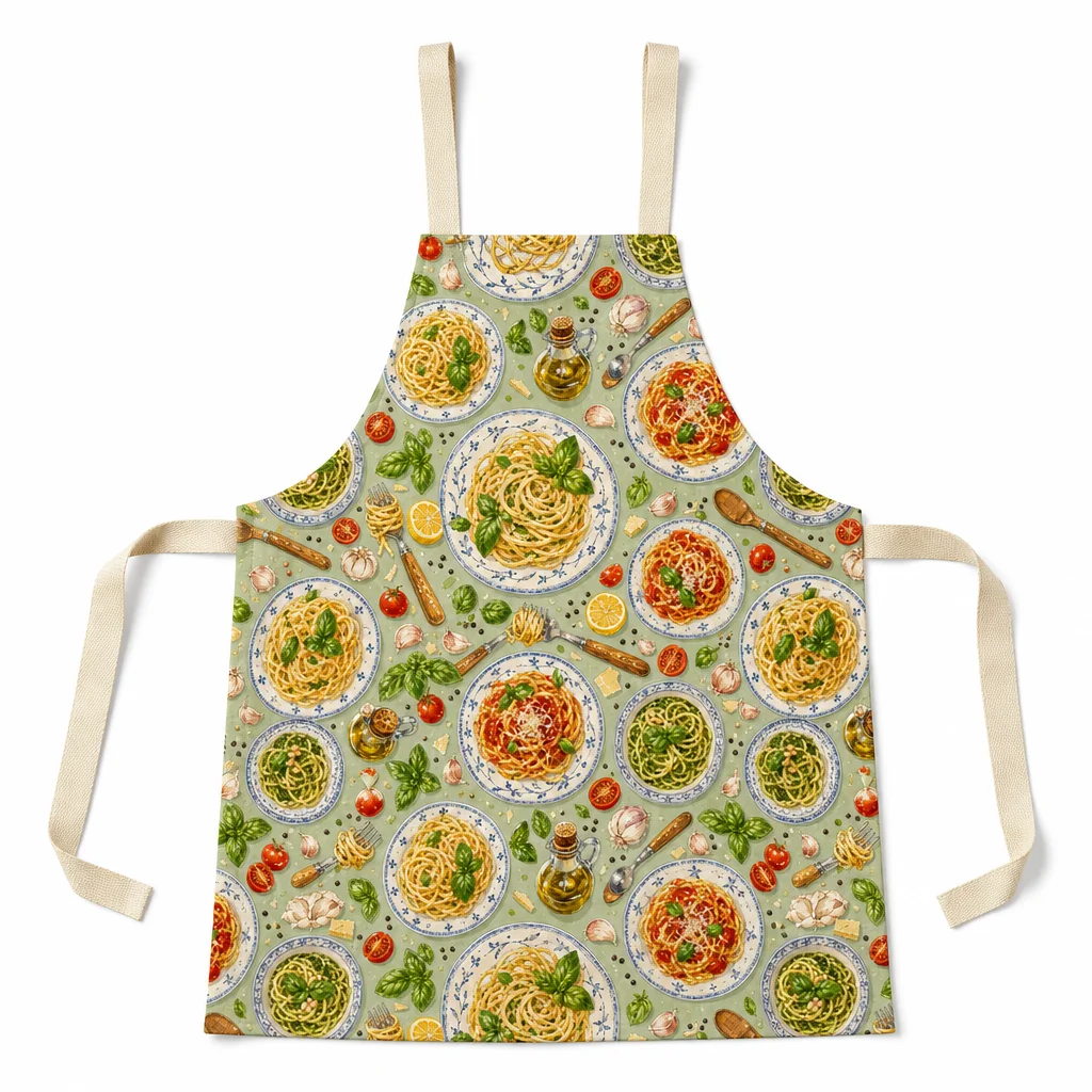 Italian Basil Pasta Feast All-Over Print Apron - flat lay