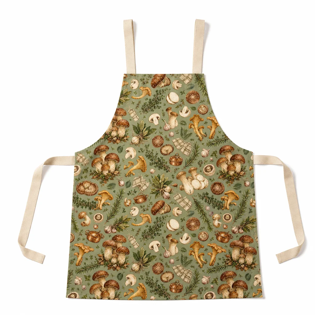 French Herb Mushroom All-Over Print Apron - flat lay