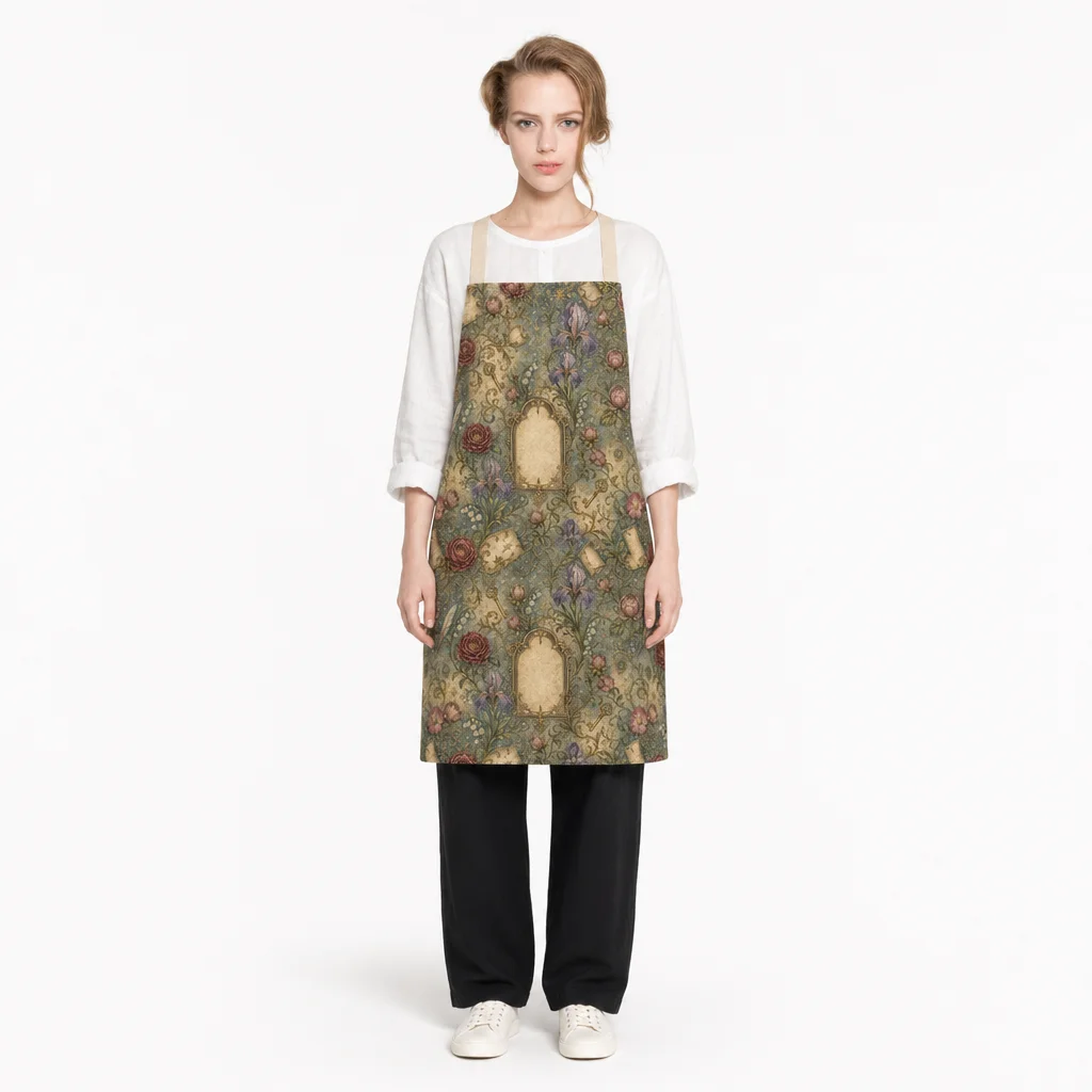 Vintage Bookplate Floral All-Over Print Apron - worn by model