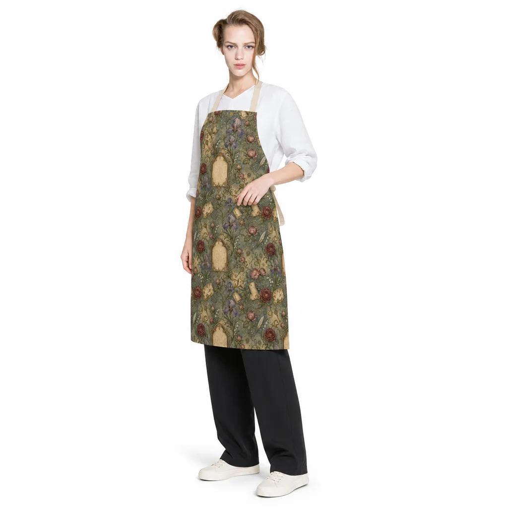 Vintage Bookplate Floral All-Over Print Apron - worn by model