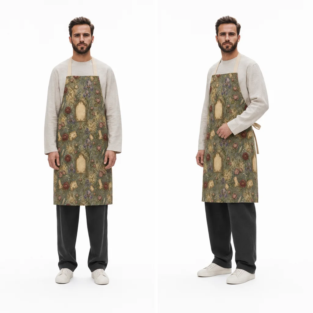 Vintage Bookplate Floral All-Over Print Apron - worn by model