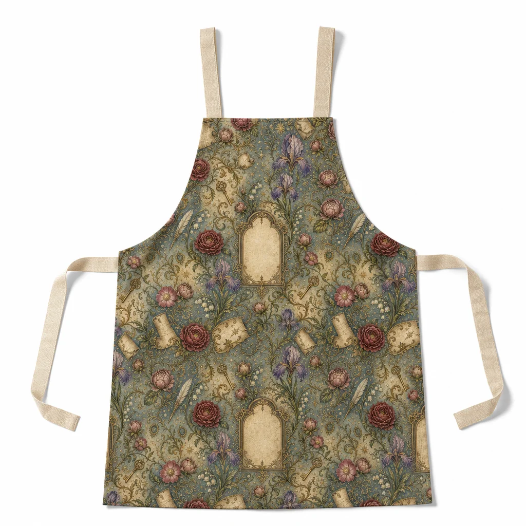 Vintage Bookplate Floral All-Over Print Apron - flat lay