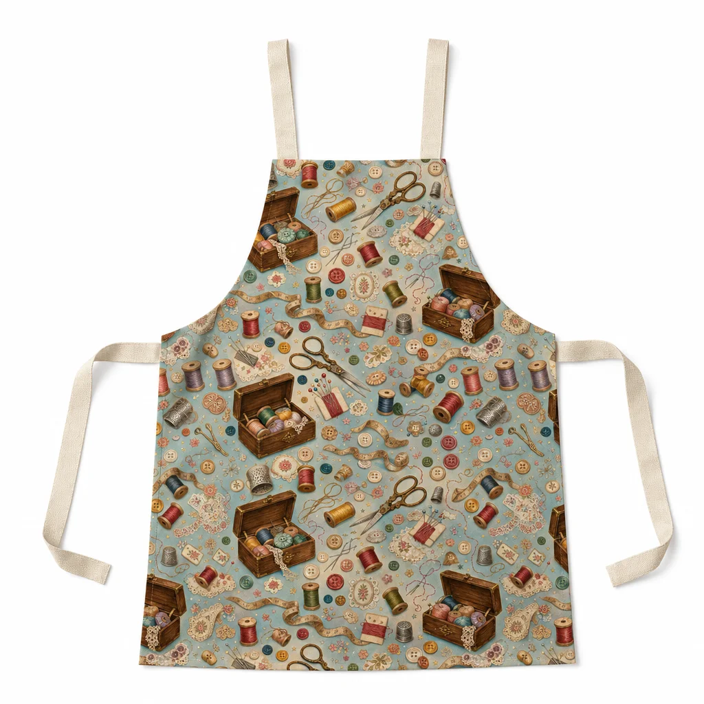 Vintage Sewing Box All-Over Print Apron - flat lay
